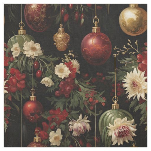 Christmas Floral Ornaments on Black Fabric