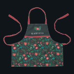 Christmas Floral Pattern Pretty Girls Name Green Apron<br><div class="desc">This beautiful holiday girls apron features a Christmas floral pattern in red, green, teal, and white over a dark green background. We also carry a matching apron in women's size, so mom and daughter can match! A text template is included for personalization, making this apron truly unique! The straps are...</div>