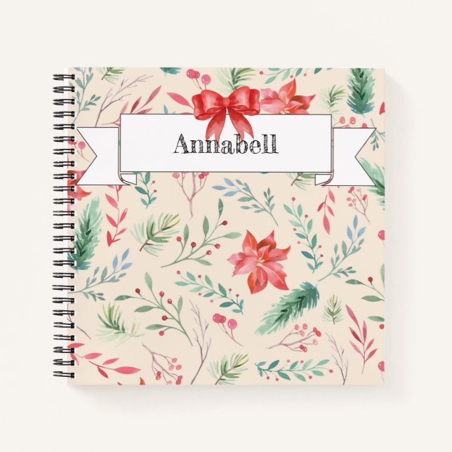 Christmas Floral Pattern Ribbon Monogram Notebook (Front)