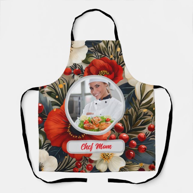 Christmas Floral Personalized Chef Mom Photo Apron (Front)