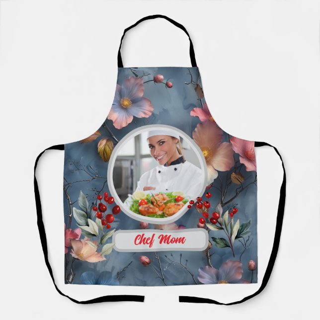 Christmas Floral Personalized Chef Mom Photo Apron (Front)