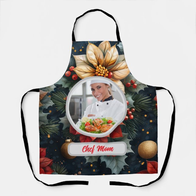Christmas Floral Personalized Chef Mom Photo Apron (Front)