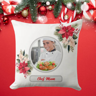 Christmas Floral Personalized Chef Mom Photo Throw Pillow