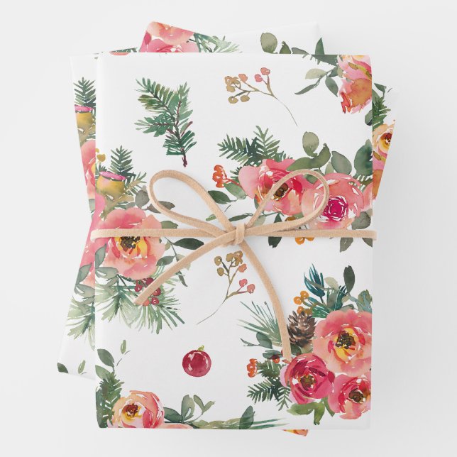 Christmas Floral & Pine Pattern | Winter Holiday Wrapping Paper Sheets (In situ)