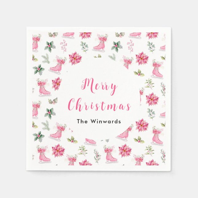 Christmas Floral Pink Ice Skates Merry Christmas Napkins (Front)
