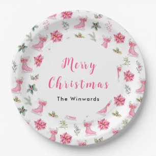Christmas Floral Pink Ice Skates Merry Christmas Paper Plates