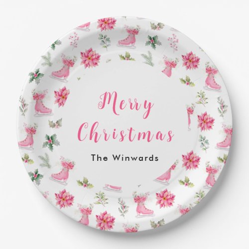 Christmas Floral Pink Ice Skates Merry Christmas Paper Plates