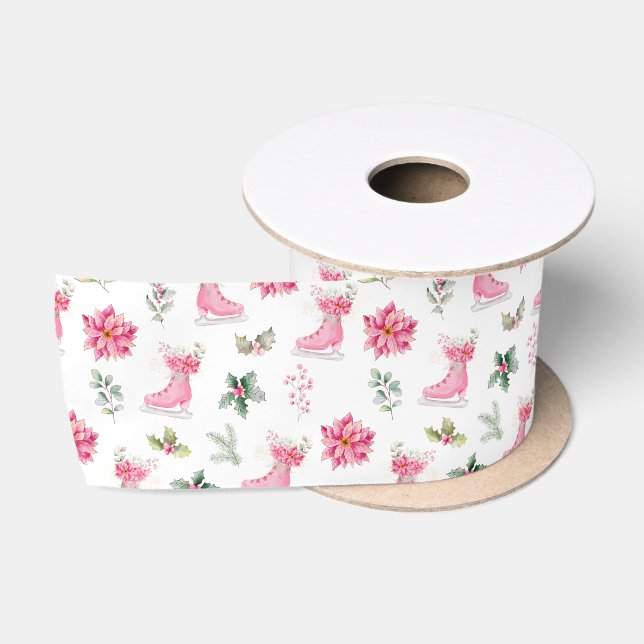 Christmas Floral Pink Ice Skates Satin Ribbon (Spool)