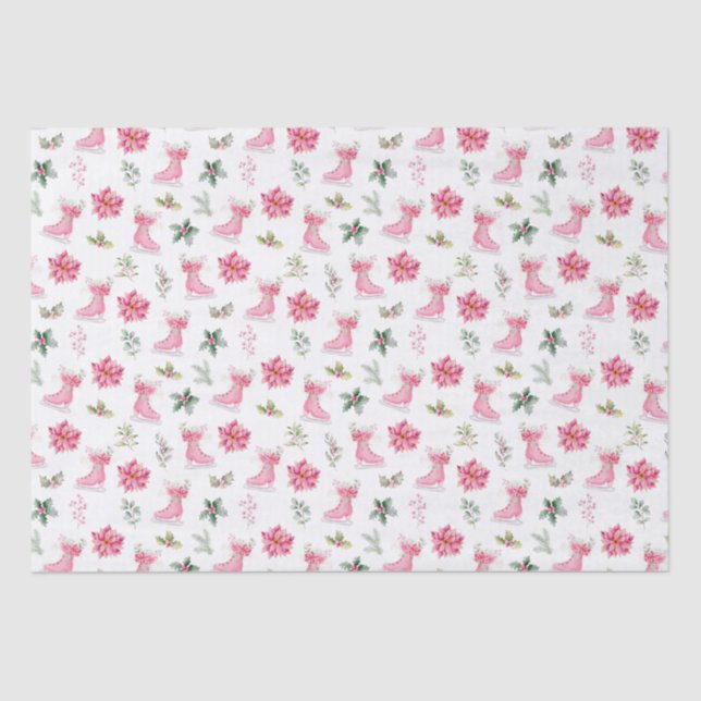 Christmas Floral Pink Ice Skates Tissue Paper (Front)