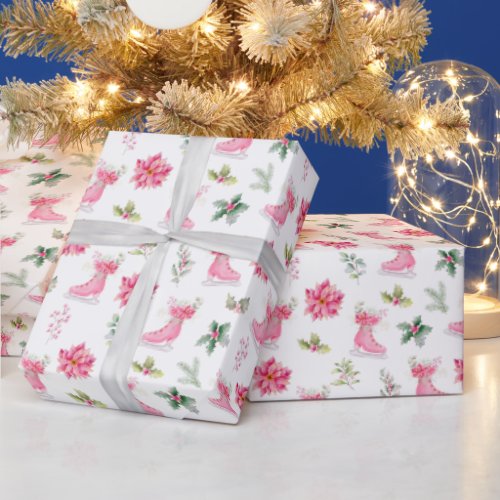 Christmas Floral Pink Ice Skates Wrapping Paper