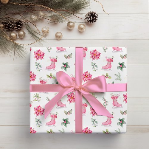 Christmas Floral Pink Ice Skates Wrapping Paper