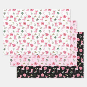 Christmas Floral Pink Ice Skates Wrapping Paper Sheets