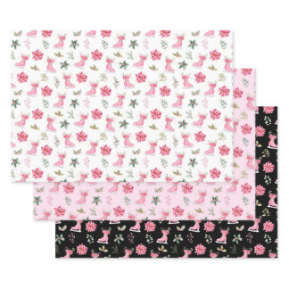 Christmas Floral Pink Ice Skates Wrapping Paper Sheets