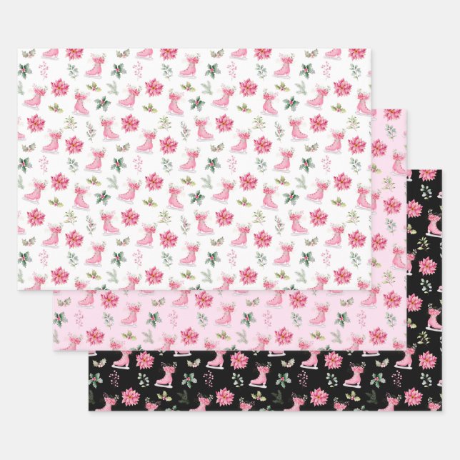 Christmas Floral Pink Ice Skates Wrapping Paper Sheets (Set)
