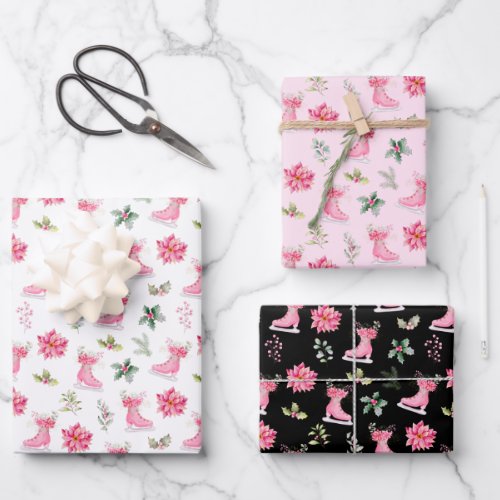 Christmas Floral Pink Ice Skates Wrapping Paper Sheets