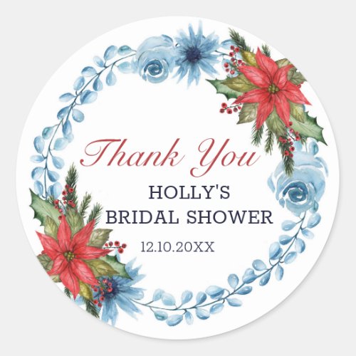 Christmas Floral Poinsetta Bridal Shower Thank You Classic Round Sticker
