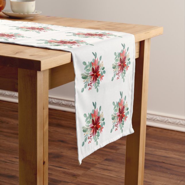 Christmas Floral Poinsettia Watercolors Short Table Runner (In Situ)