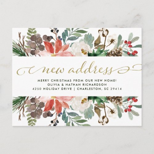 Christmas Floral  Pretty Holiday Moving Announcement Postcard