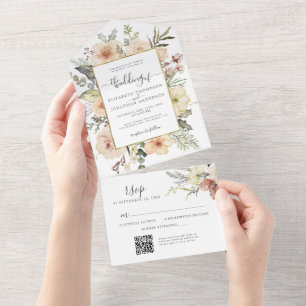 Christmas Floral QR RSVP Gold Foil Winter Wedding All In One Invitation