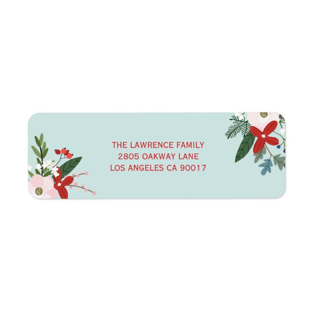 Christmas Floral Red Aqua Holiday Address Label (Front)