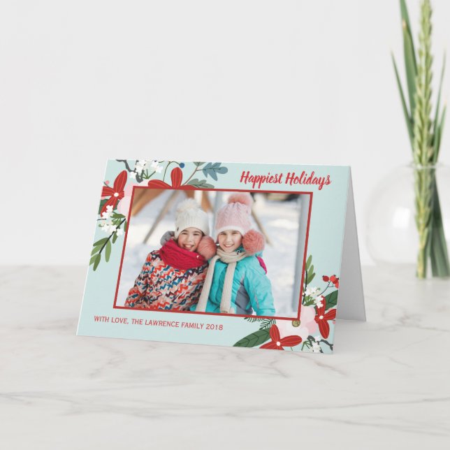 Christmas Floral Red Aqua Holiday Photo Card (Front)