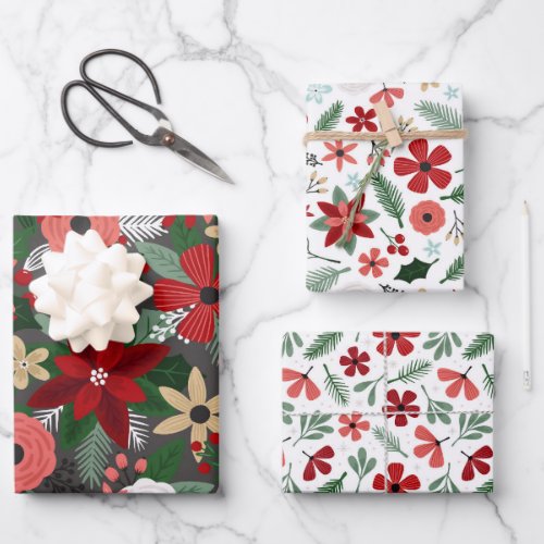 Christmas Floral Red Green Berries Wrapping Paper Sheets