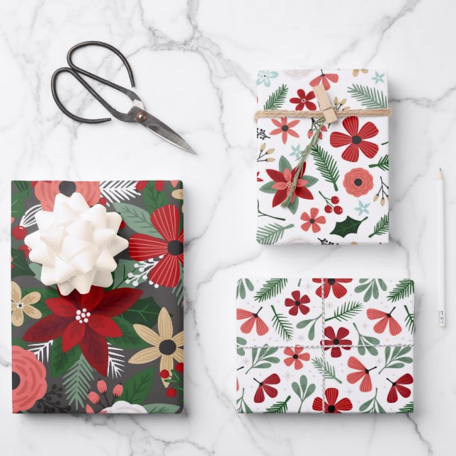 Christmas Floral Red Green Berries Wrapping Paper Sheets (Front)