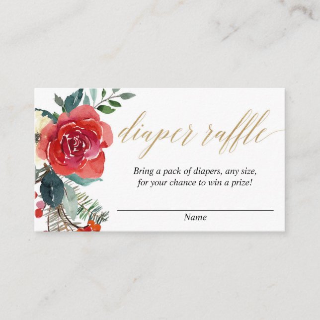 Christmas floral red green gold diaper raffle enclosure card (Front)
