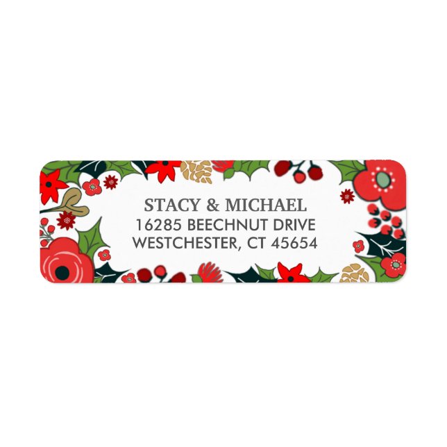 Christmas Floral Red & Green Wedding Address Label (Front)