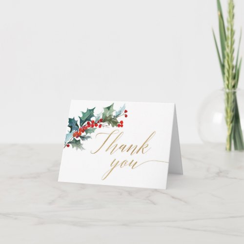 Christmas floral red greenery gold thank you card