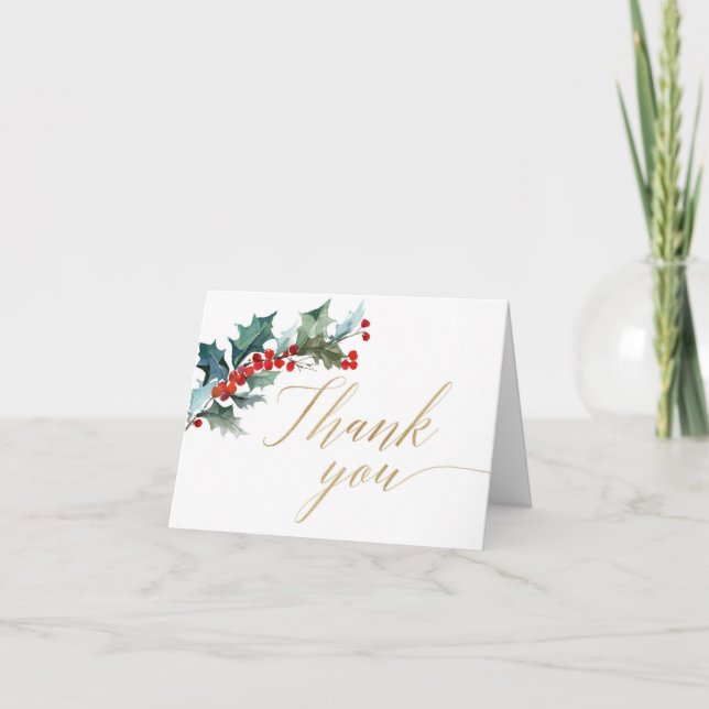 Christmas floral red greenery gold thank you card (Front)
