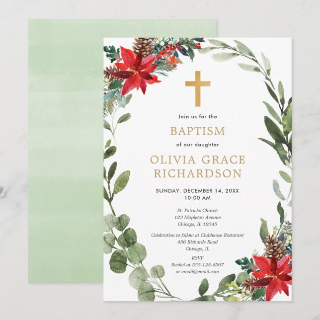 Christmas floral red greenery wreath Baptism Invitation (Front/Back)