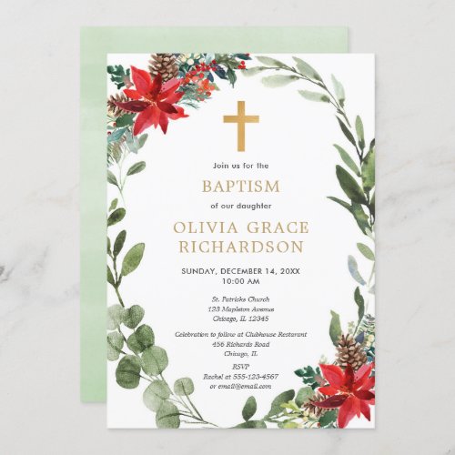 Christmas floral red greenery wreath Baptism Invitation