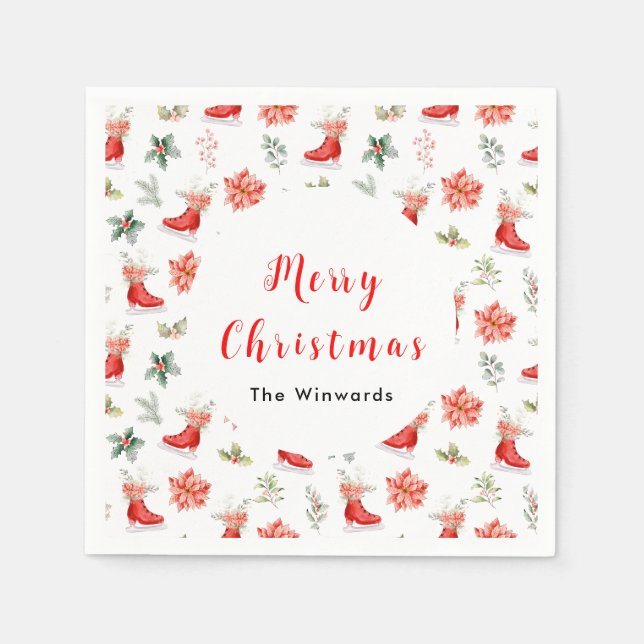 Christmas Floral Red Ice Skates Merry Christmas Napkins (Front)