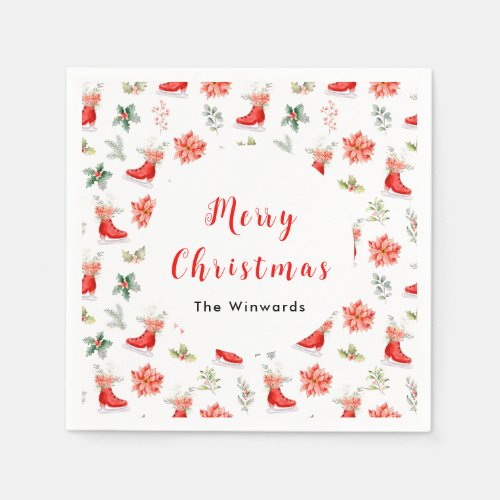 Christmas Floral Red Ice Skates Merry Christmas Napkins