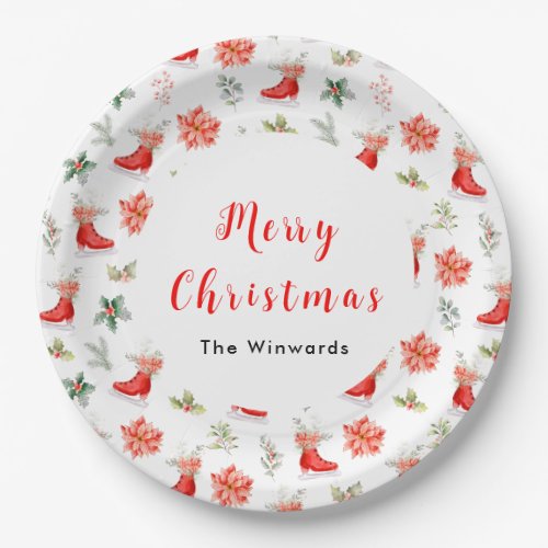 Christmas Floral Red Ice Skates Merry Christmas Paper Plates