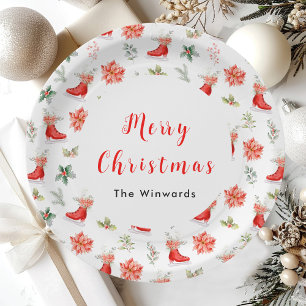 Christmas Floral Red Ice Skates Merry Christmas Paper Plates