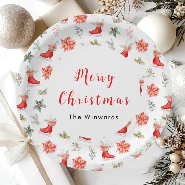 Christmas Floral Red Ice Skates Merry Christmas Paper Plates (Creator Uploaded)