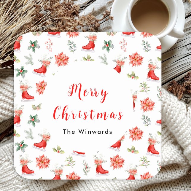 Christmas Floral Red Ice Skates Merry Christmas Square Paper Coaster (Creator Uploaded)