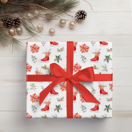 Christmas Floral Red Ice Skates Wrapping Paper