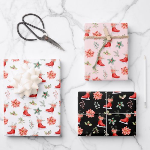 Christmas Floral Red Ice Skates Wrapping Paper Sheets