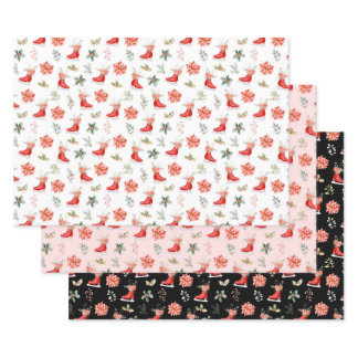 Christmas Floral Red Ice Skates Wrapping Paper Sheets