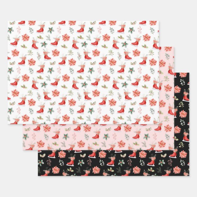 Christmas Floral Red Ice Skates Wrapping Paper Sheets (Set)