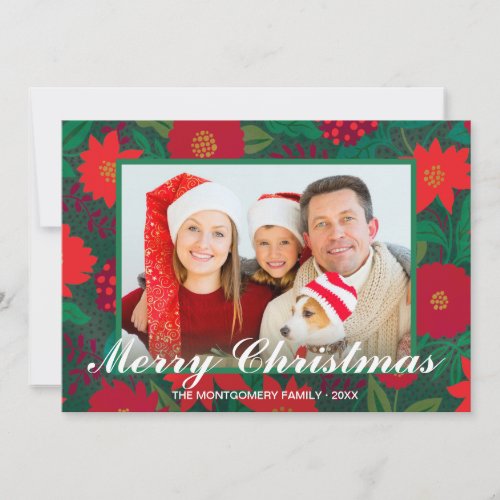 Christmas Floral Red Poinsettia Green Family Photo Holiday Card