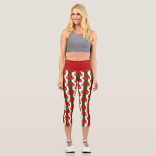 christmas floral red roses striped capri leggings