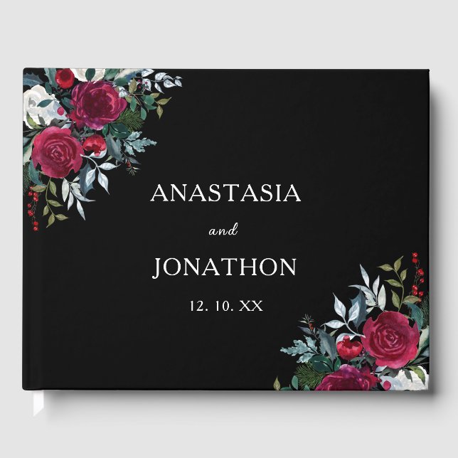 Christmas Floral Rose Personalized Wedding  Guest Book (Front)