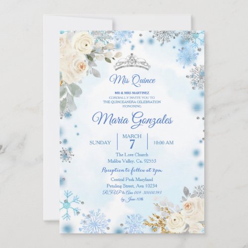 Christmas Floral  Silver Snowflake Quinceanera Invitation