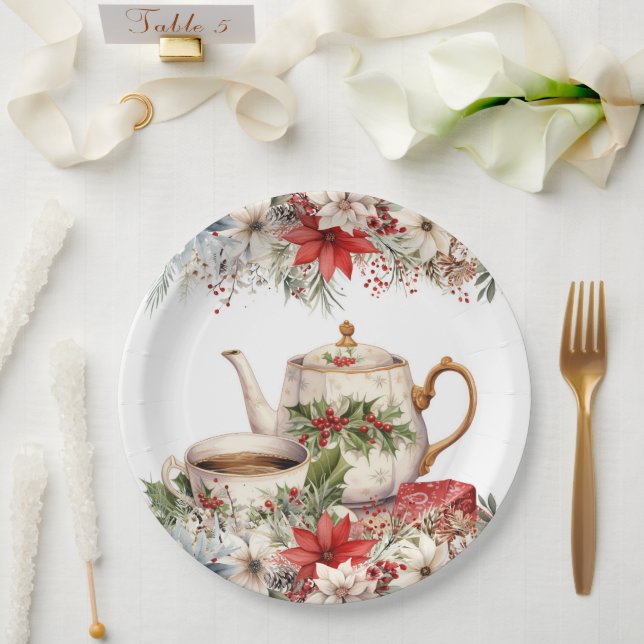 Christmas Floral Tea Holiday Party Paper Plates (Wedding)