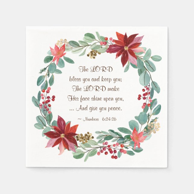 Christmas Floral The Lord Bless You Bible Verse Napkins (Front)
