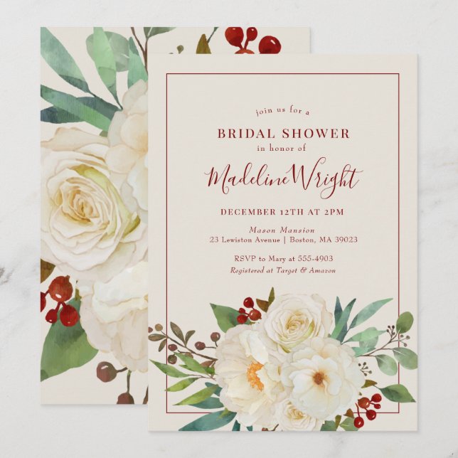 Christmas Floral Watercolor Bridal Shower Invitation (Front/Back)